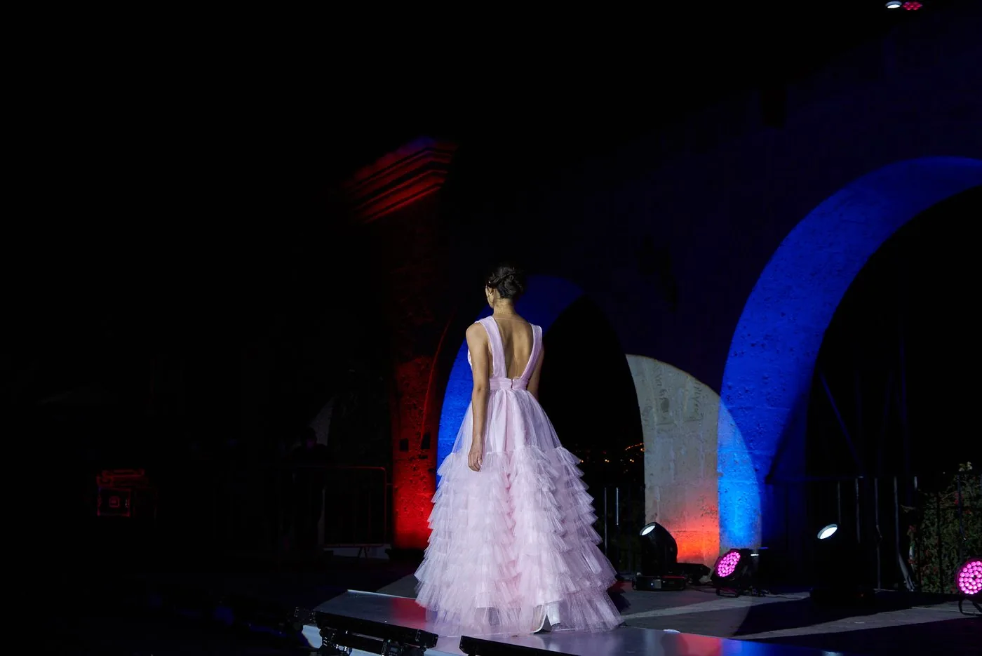 Vestido de tul rosa visto de espaldas en la pasarela — Aurat