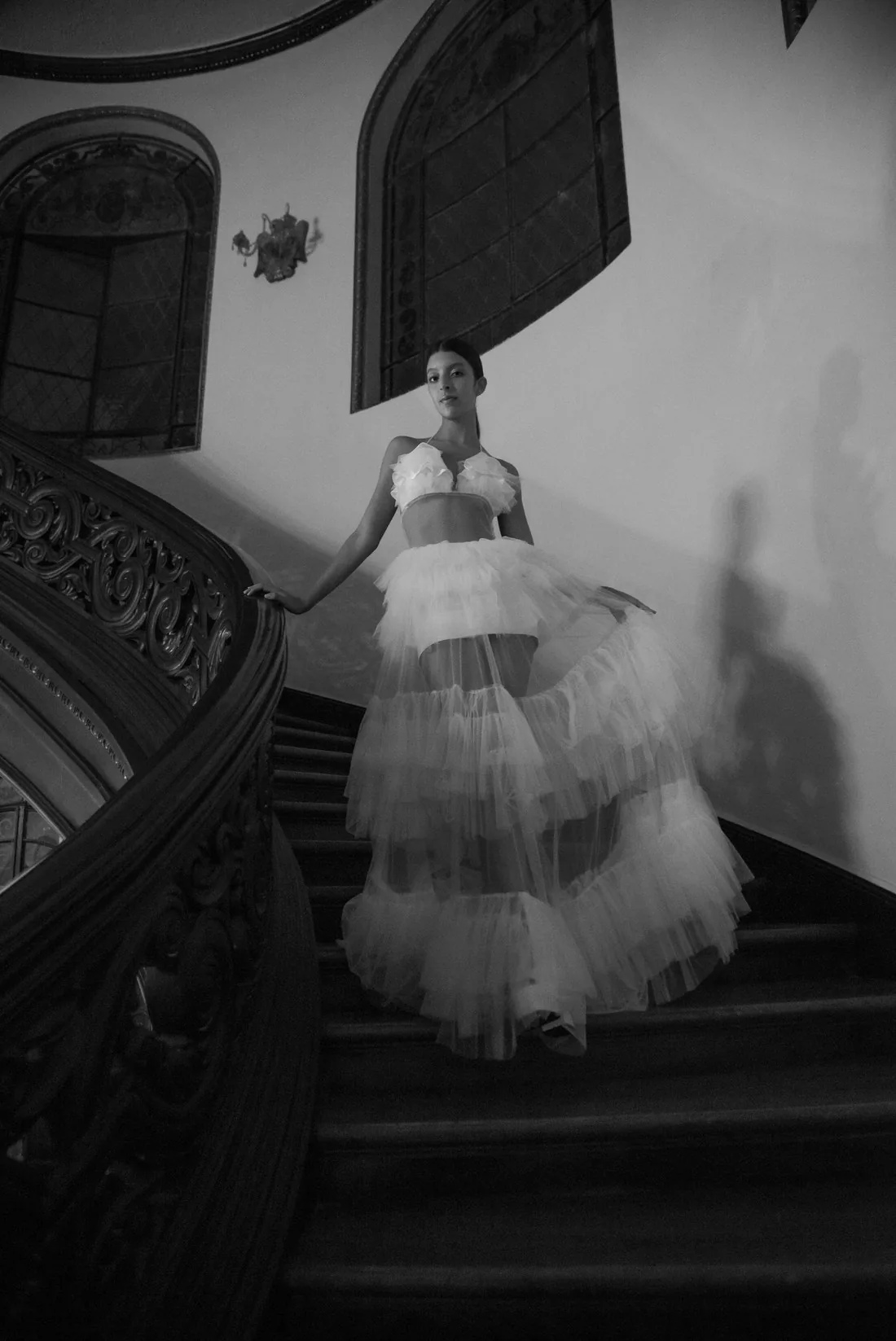 Vestido de tul bajando una escalera ornamental — Dalum